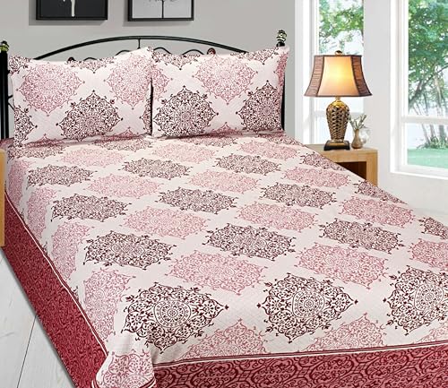 Image of Fresh From Loom Reversible 500Tc Bedsheet for Double Bed King Size Cotton | Traditional Print (90x100 Inches | 2 Pillow Cover | Maroon)