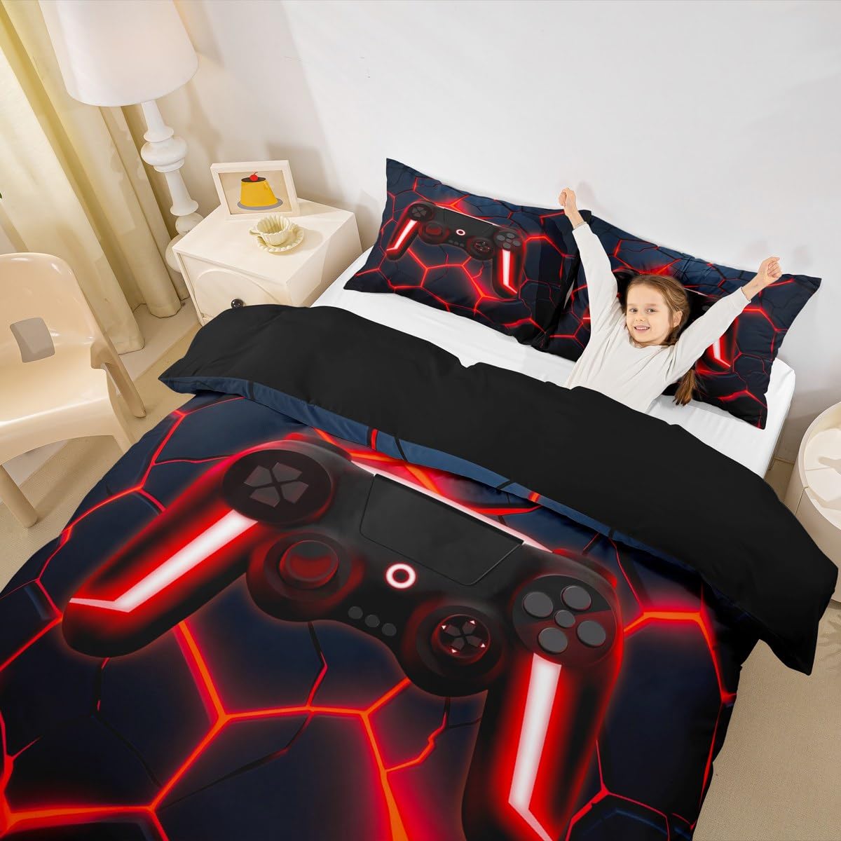 Homewish Boys Gaming Single Duvet Cover Set Kids Gamer Gamepad Bedding Abstract Geometric Honeycomb Quilt Cover with 1 Pillowcase - Image 4