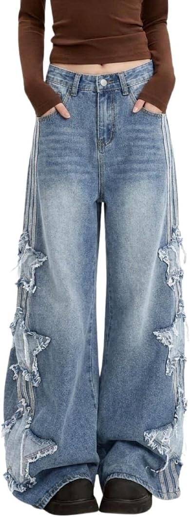 Womens Baggy Jeans High Waisted Wide Leg Star Jeans for Women Girls Grunge Style Emo Y2k Pants