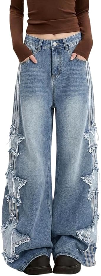 Womens Baggy Jeans High Waisted Wide Leg Star Jeans for Women Girls Grunge Style Emo Y2k Pants