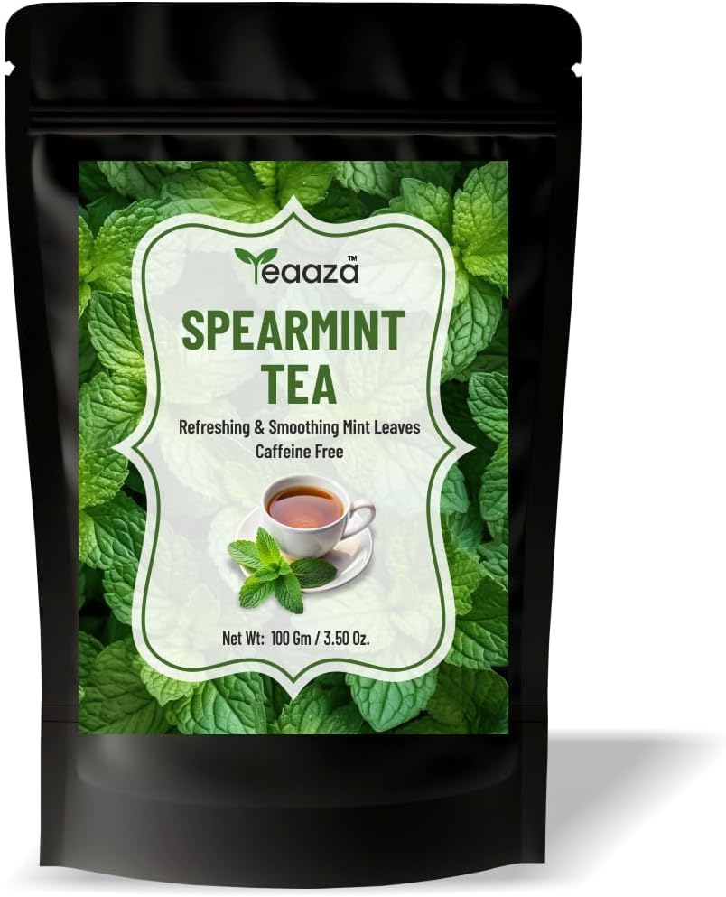 TEAAZA Organic Spearmint Tea Leaves 100 Gm 100 Cups Caffeine-Free Herbal Spearmint Tea For PCOS|SUPPORTS HORMONE BALANCE,ACNE,FACIAL HAIR & PCOS RELIEF|Fresh Minty Flavor,100% Natural