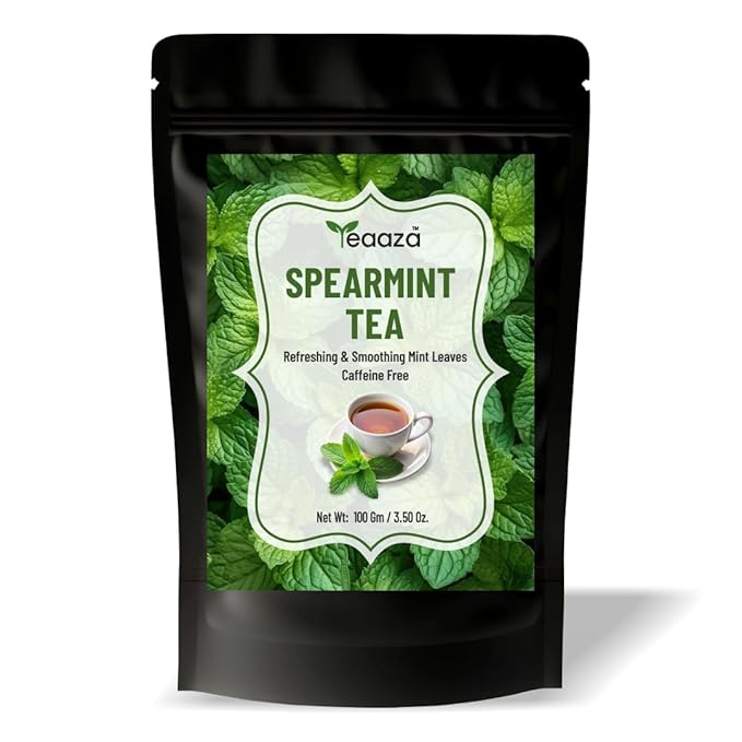 Teaaza Organic Spearmint Tea Leaves –100 Gm–100 Cups–Caffeine-Free Herbal Spearmint Tea for PCOS | SUPPORTS HORMONE BALANCE, ACNE, FACIAL HAIR & PCOS RELIEF | Fresh Minty Flavor, 100% Natural, Spearmint leaves | loose leaf spearmint herbal tea