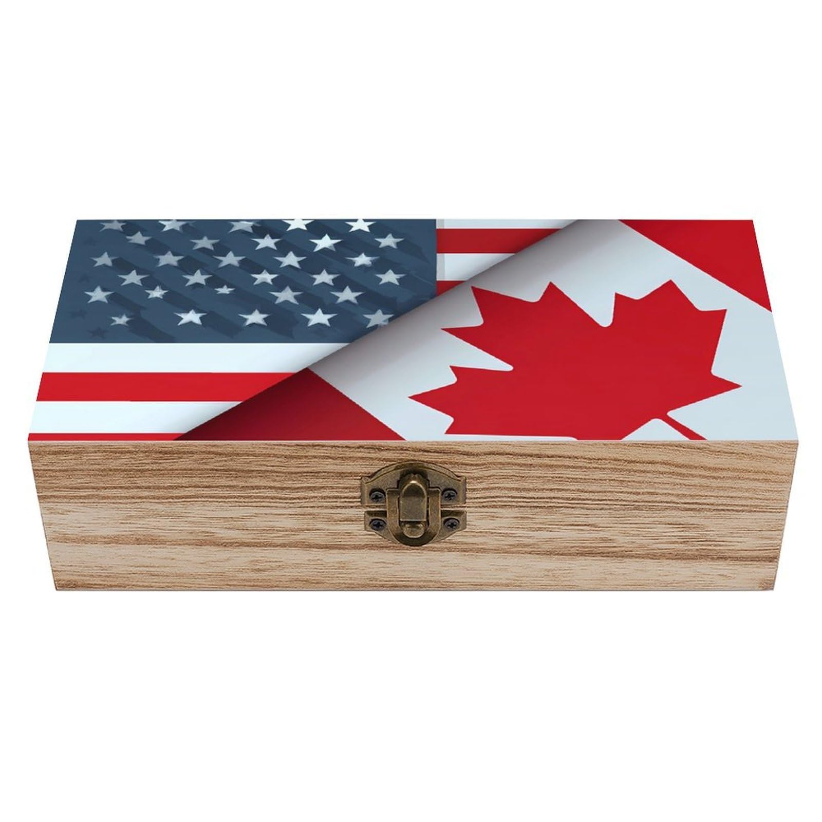 HLBSDM Canada USA Friendship-Flag Wooden Box with Hinged Lid Decorative Storage Case Container