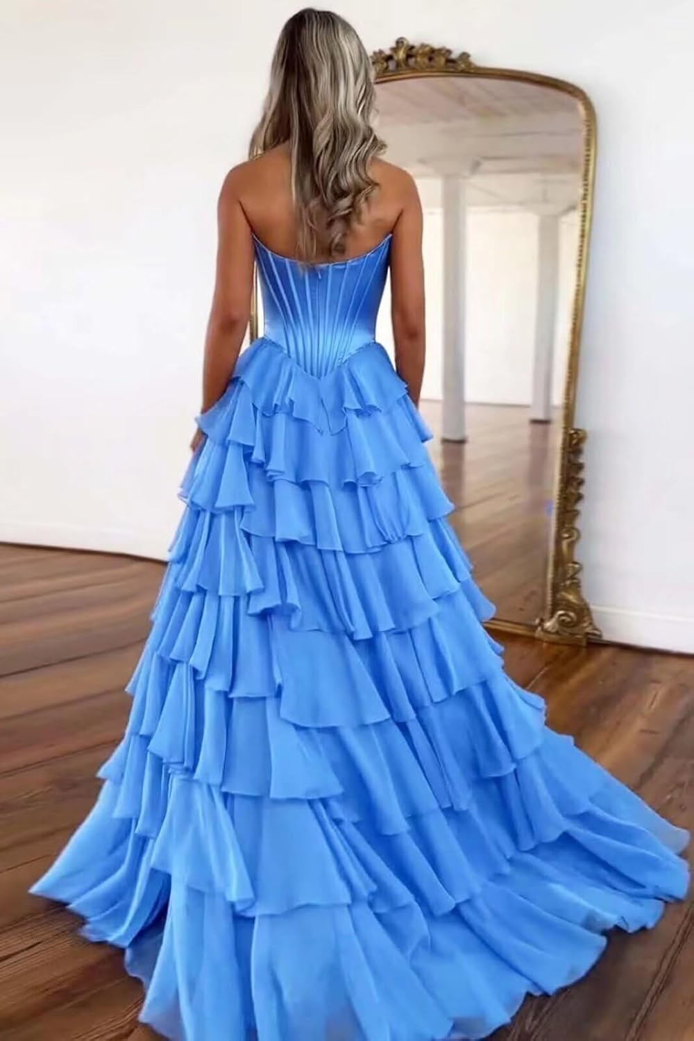 GATMAHE Strapless Corset Prom Dresses for Women Tiered Chiffon A Line Long Formal Evening Gowns with Slit