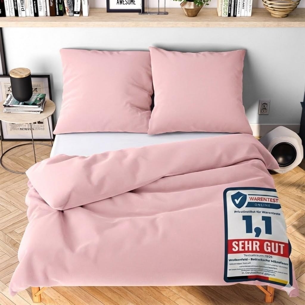 Wolkenfeld Bed linen 200 x 220 cm, pink – cuddly soft and non-iron – 1 x duvet cover + 2 x pillow cases 80 x 80 cm