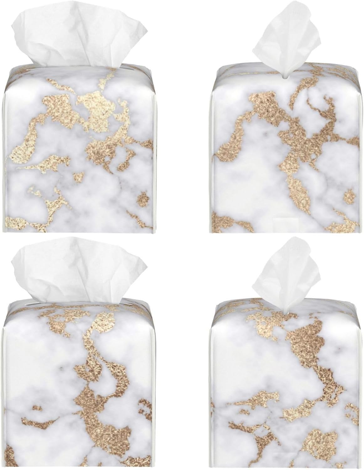Tissue Box Cover Modern Chic White Gold foil Marble Modern PU Leather Square Tissue Box Holder - Decorative Holder/Organizer for Bathroom Vanity Countertop, Night Stands, Office Desk & Car