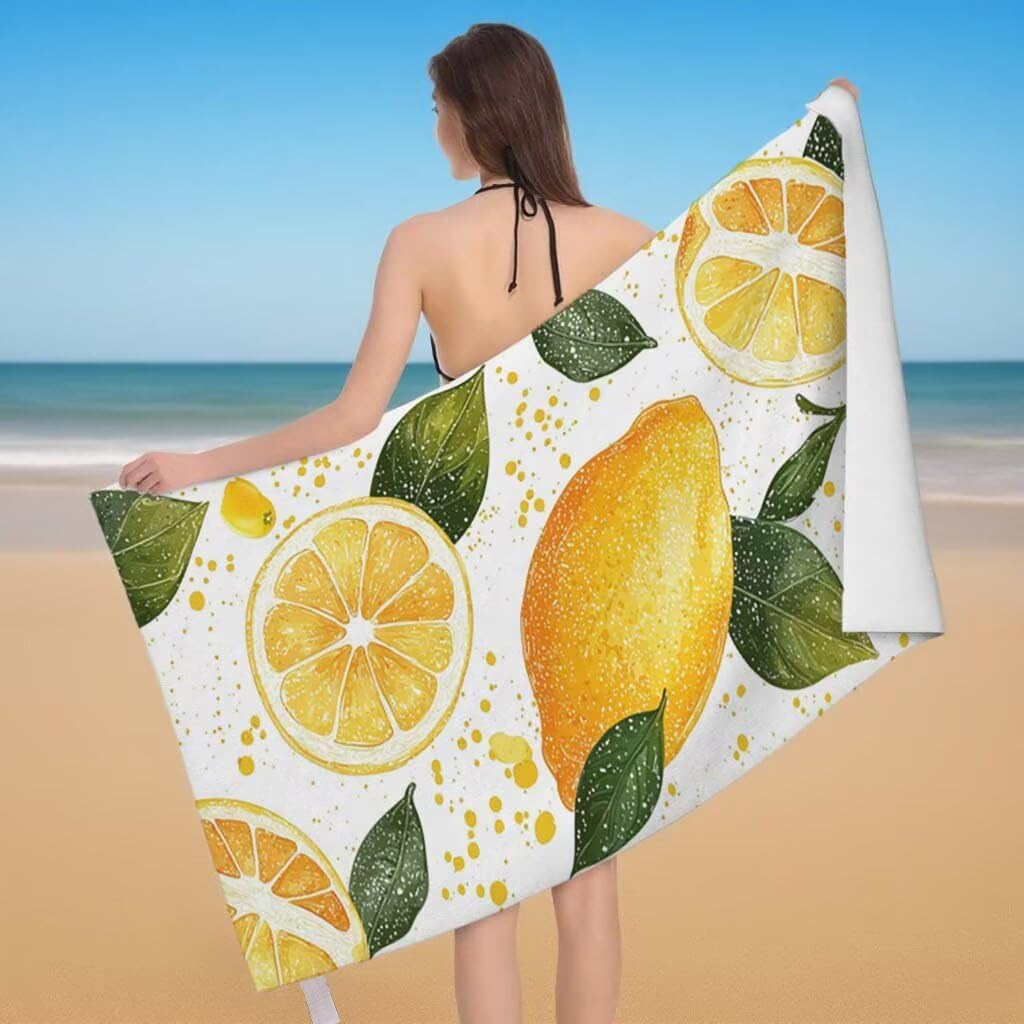 Serviette de Plage Citron Lot de 2 Serviette Microfibre Drap de Plage XXL 90x200cm/35x70cm, Séchage Rapide Anti Sable Drap de Bain, Vacances Plages Accessoire pour Voyages Camping Pique-nique A-59