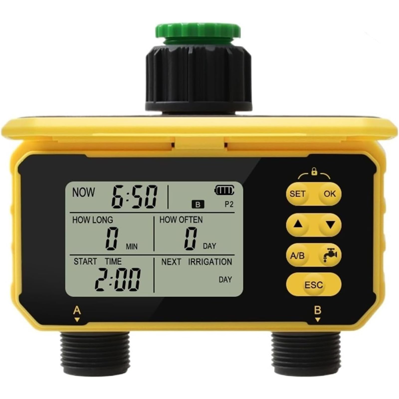zenggp Sprinkler Timer, Solar 2 Zone Irrigation Hose Controller For Garden, With Rain Delay, Programmable Automatic & Manual Watering System, Double Water Outlet