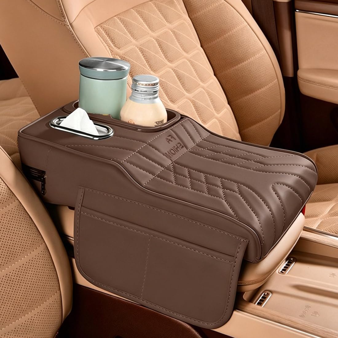 Copertura per console centrale dell'auto, in pelle PU, con imbottitura in spugna ad alta elasticità con portabicchieri, 2 sacchetti per fazzoletti (caffè-B)