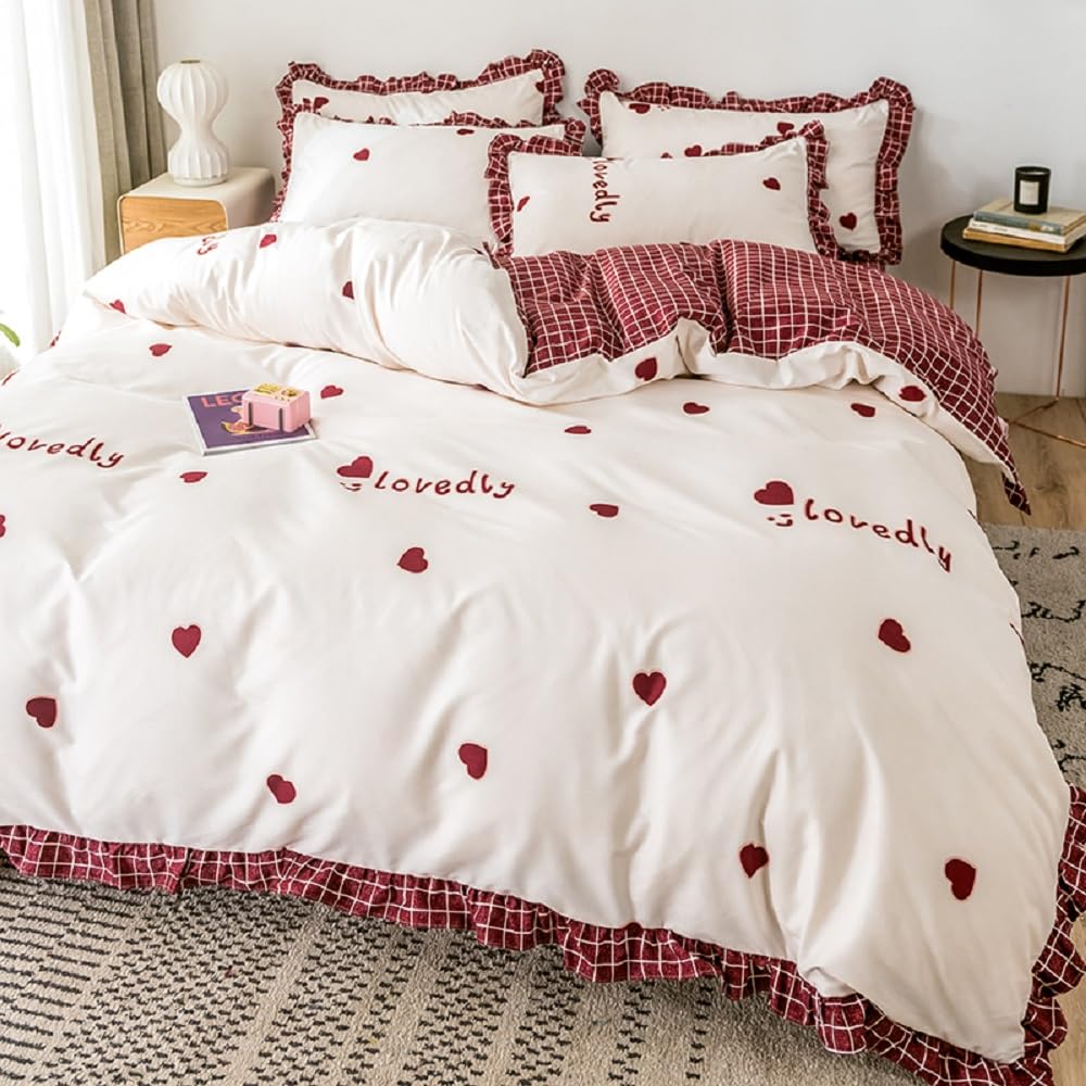 Sedefen Bettwäsche 135x200 cm mit Rüschen Rosa Erdbeeren Muster Wendebettwäsche aus Mikrofaser,ÖkoTex Zertifiziert & für Allergiker Geeignet,1 Bettbezügen & 1 Kissenbezügen 80x80