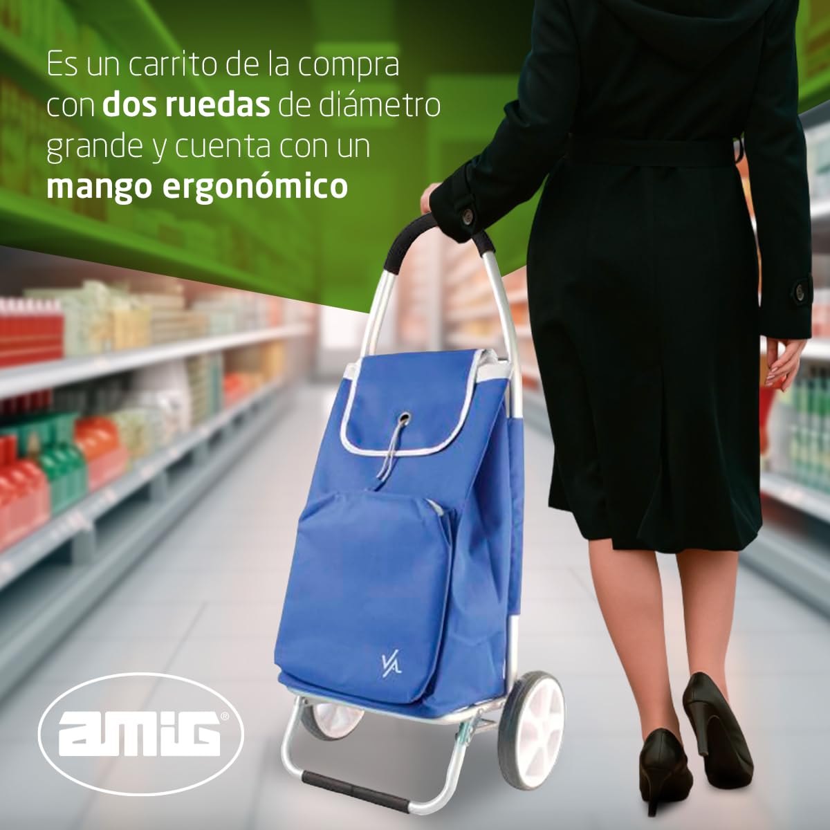 Amig - Carro de la Compra de 2 Ruedas - Bolsa Ajustable - Aluminio Ligero - Carga Máxima 15kg - Capacidad de 50 L - Medidas: 95 x 45,5 x 12 cm - Color: Azul