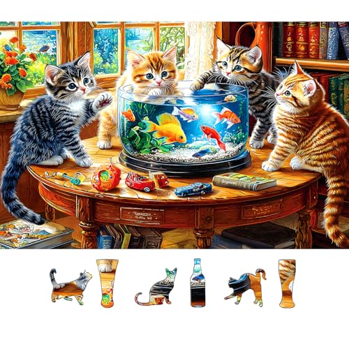 Image of 500 Piece Jigsaw Puzzles for Adults - Kittens & Goldfish Library Scene Puzzle,Cute Cats Puzzle with Letters on Back Perfect Game Night Gift for Family Seniors(23x15 Inch)