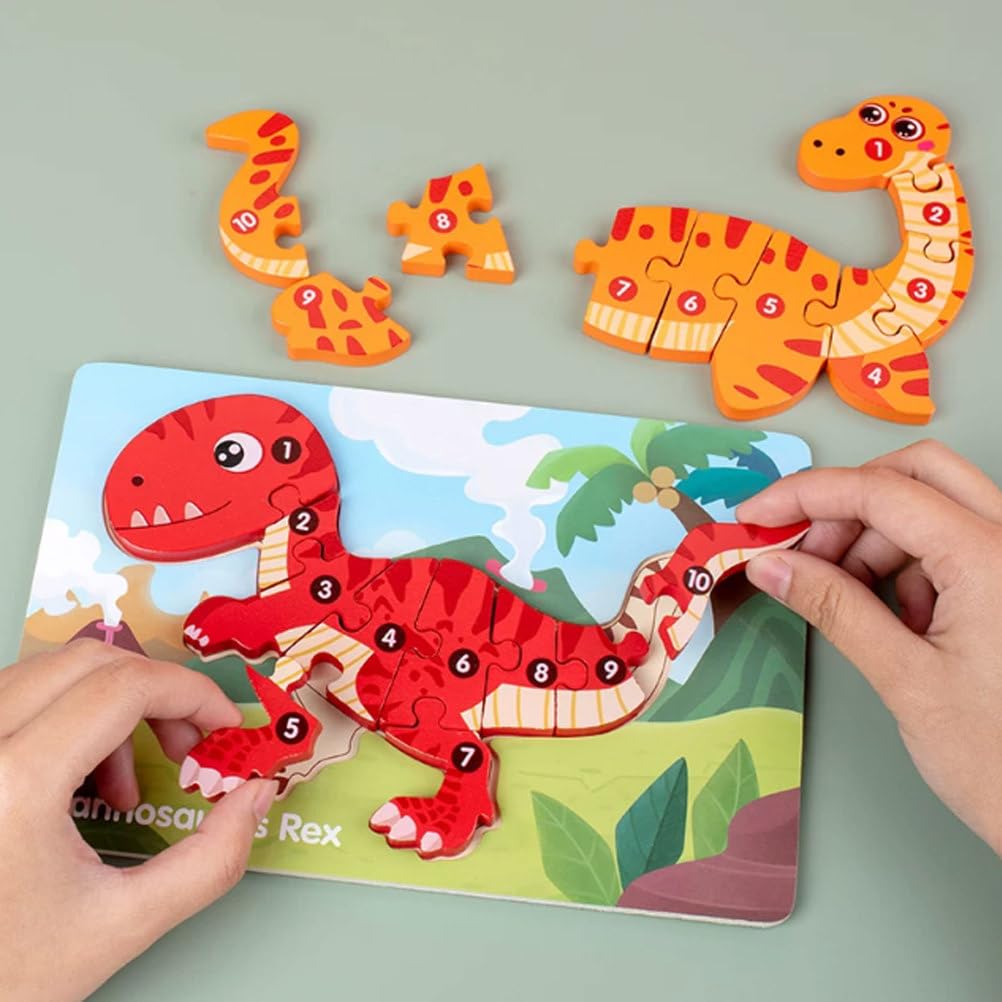 Montessori Holz Dinosaurier Puzzle 3D Formen Puzzles (8 Stück) | Frühlern-Handgreif-Board-Spielzeuge, Dino-Themen-Bildungsblöcke, Geschenke zur Förderung der Feinmotorik