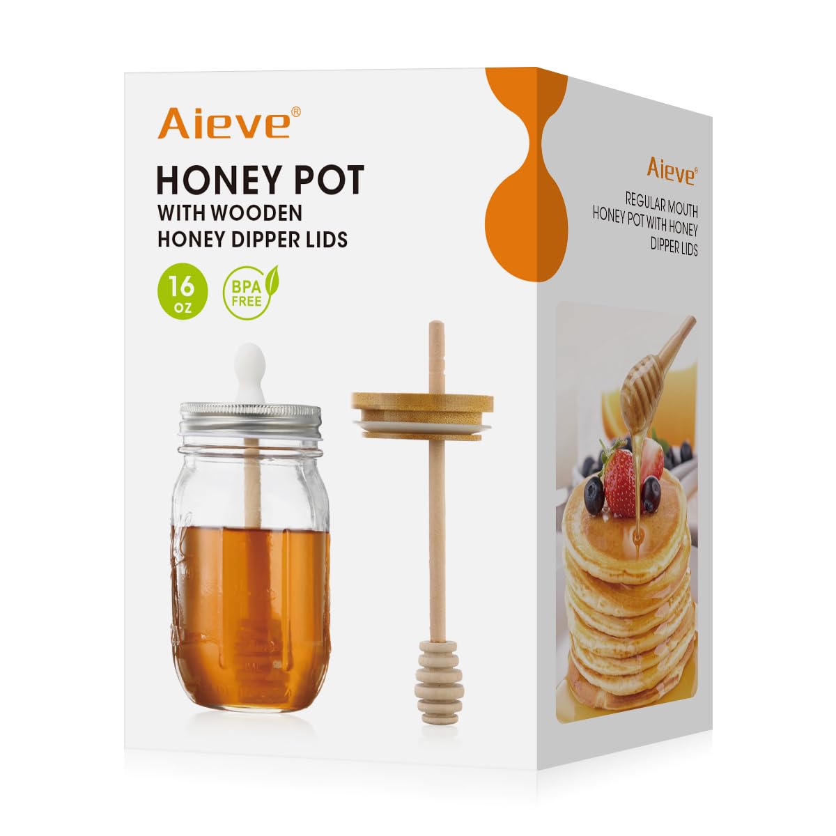 AIEVEHoney Jar with Dipper, 2 Pack Honey Dipper Lids with 16 oz Glass Regular Mouth Mason Jar Honey Pot