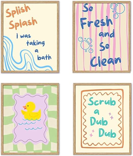 YZSLA Impresiones artísticas para pared de baño para niños, póster retro de pato de goma preppy, divertidas decoraciones de pared para niños, cuarto
