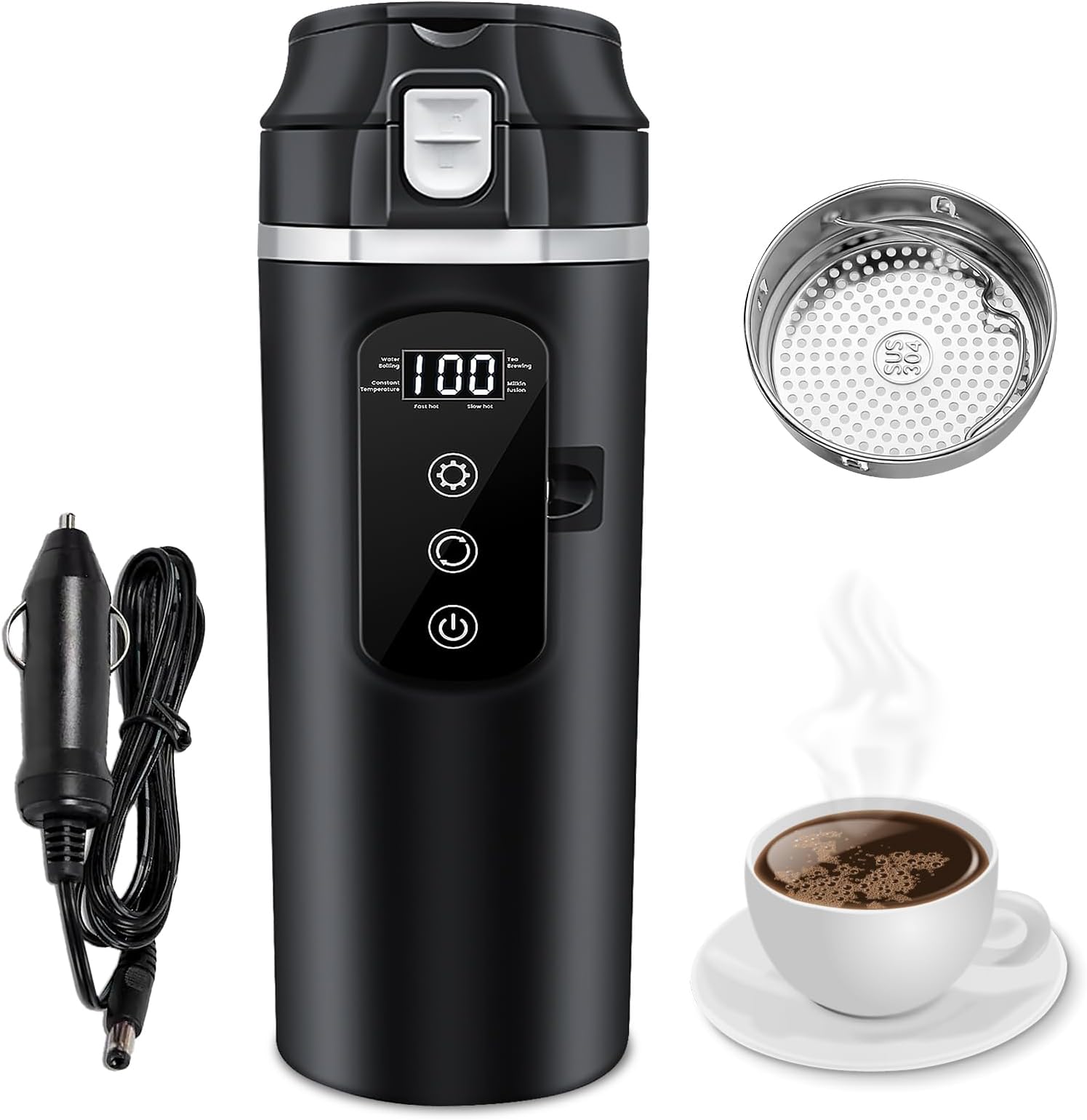 Car Heating Cup DC 12 V/24 V, 500 ml Kettle for Car, Mini Coffee Kettle, Portable Electric Travel Mug, Electric Travel Kettle, One Key Opera, Automatic Shut-Off