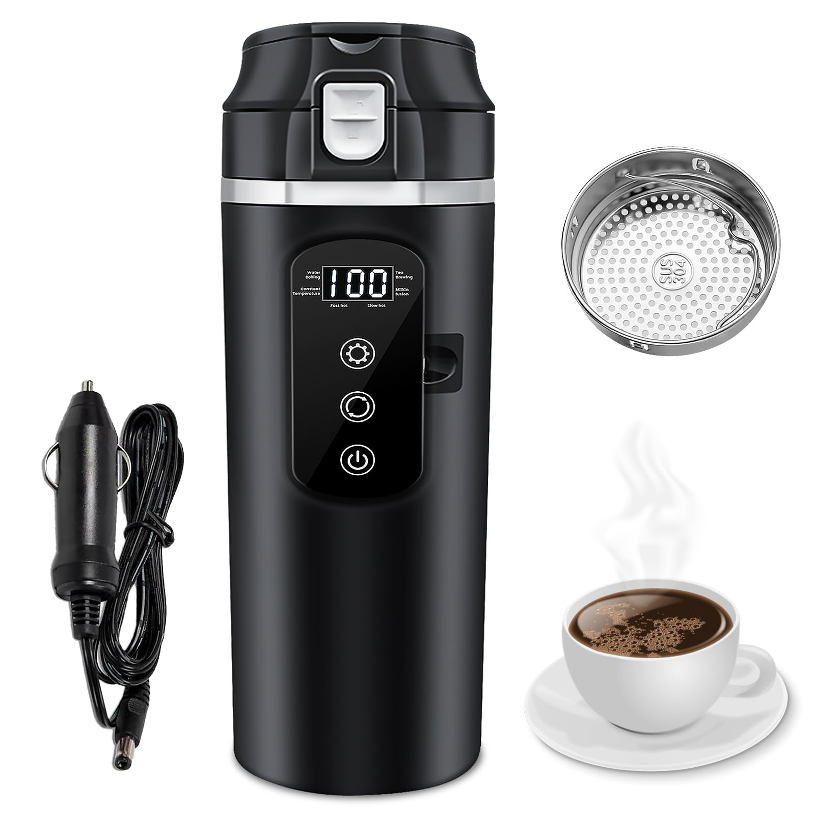 Bouilloire électrique De Voyage DC 12 V/24 V, 500 ML Tasse d'eau Chauffée pour Véhicule, Tasse Chauffante De Voiture, Bouilloire électrique pour Voiture,Bouilloire De Voyage, Arrêt Automatique