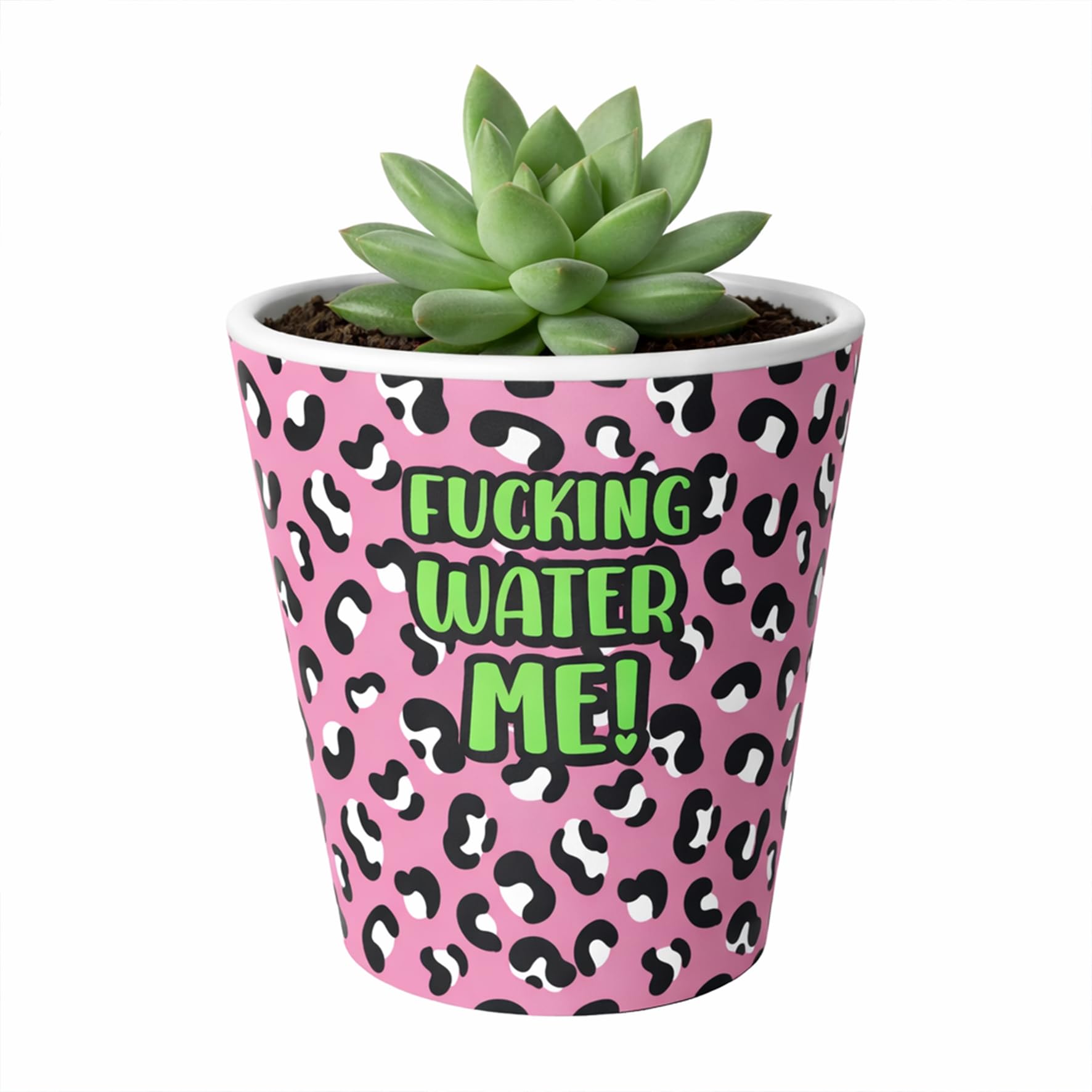 Silly Dog Designs - Funny Plant Pot with Drainage Hole – Leopard Print Novelty Indoor Plant Pot - Cheeky Slogan Flower Pot for Plant Lovers (Water me pink)