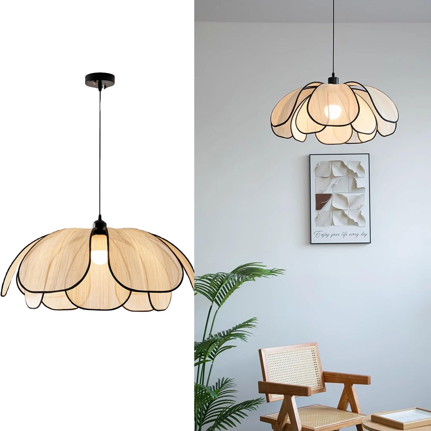 Mid Century Modern Rattan Pendant Light Flower Shape Design Chandelier Creative Hanging Ceiling Fixture Decoration for Balcony, Bedroom, Living Room (50 CM)
