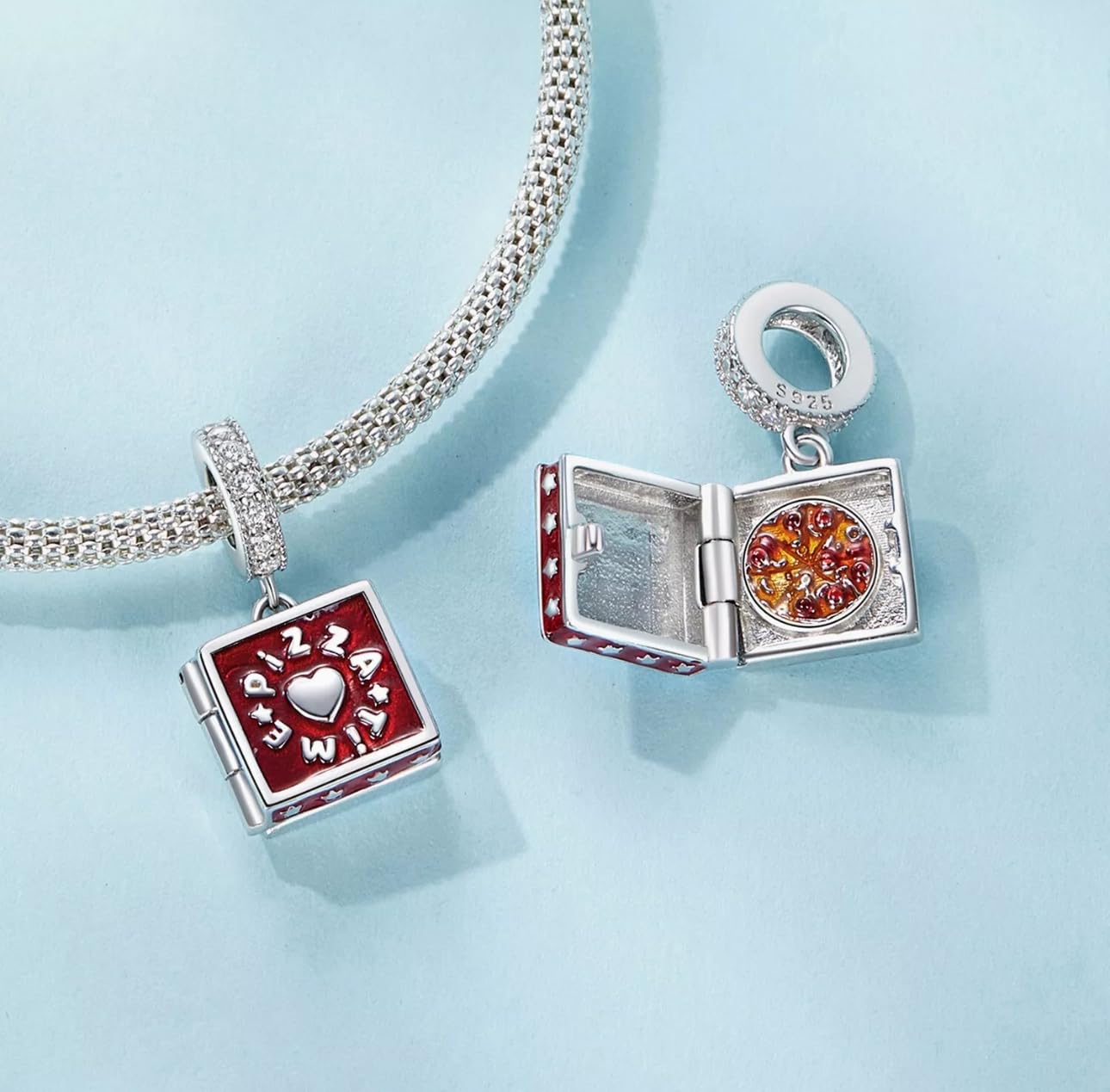 Charm-Anhänger „I Love Pizza“ echtem 925er Sterlingsilber, kompatibel Armband