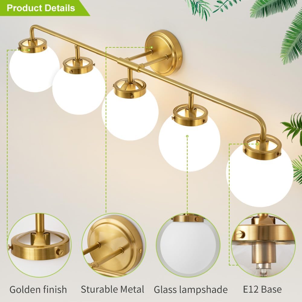 Bathroom Light Fixtures Gold Vanity Lights Over Mirror, Modern Wall Sconce Lighting 5-Light with White Glass Globe Shade