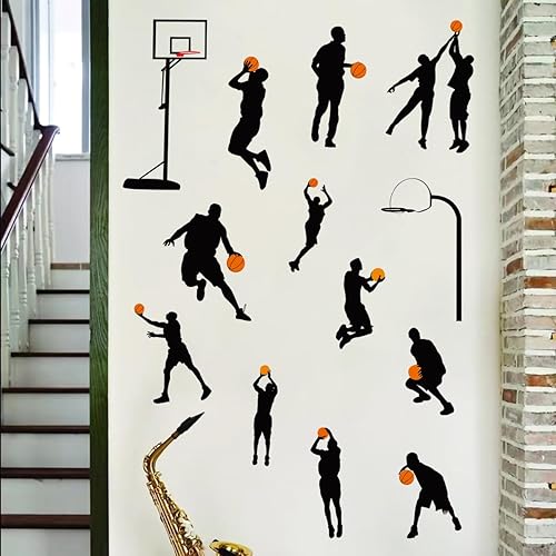 WOYINIS Calcomanías de pared de silueta de baloncesto Slam Dunk para jugadores deportivos, despegar y pegar, Jumpman, arte de pared para niños,