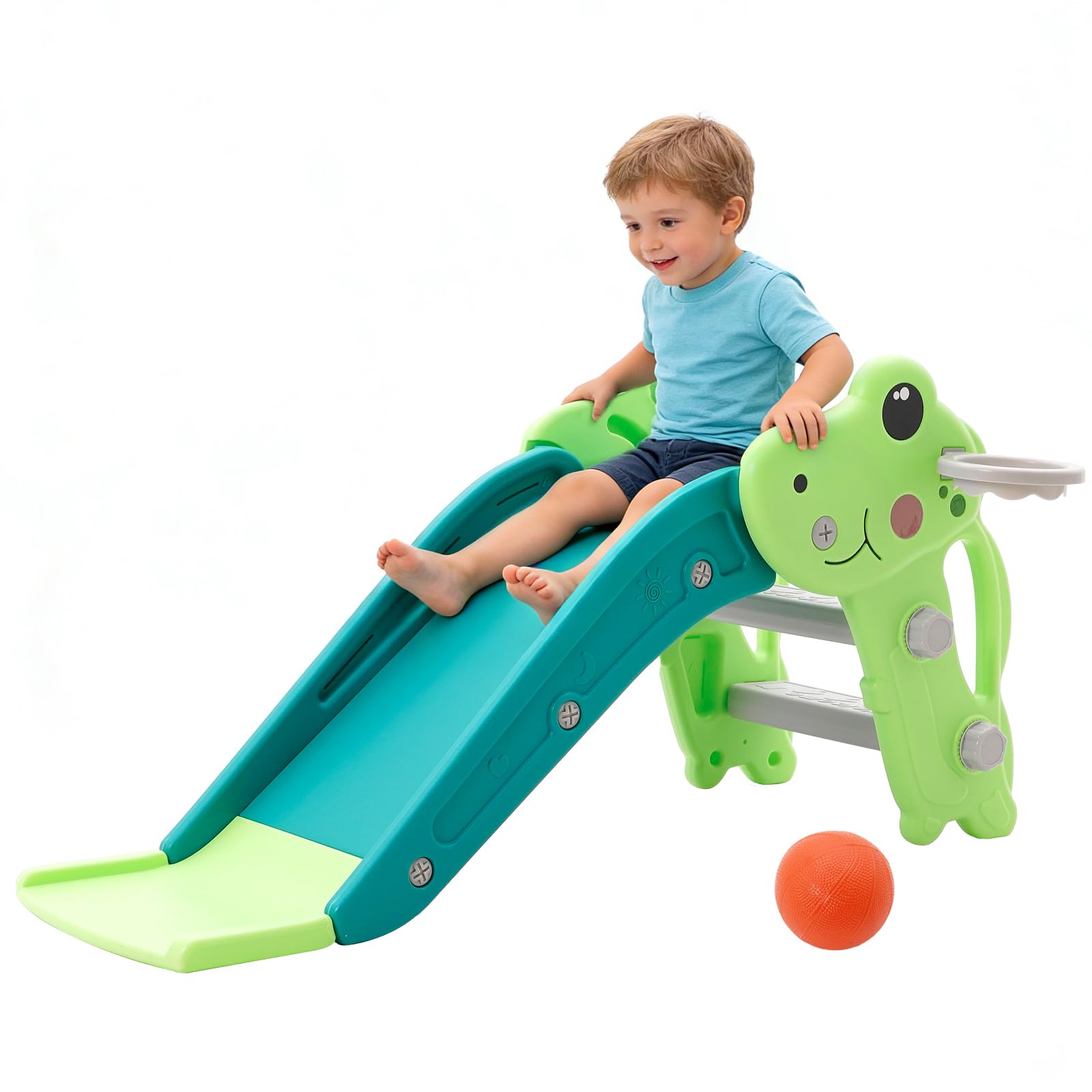 Toddler Slide Indoor, Baby Slide with Basketball Hoop and Ball, FreeStanding Toddler First Slide Playset (Dinosaur) (Green)