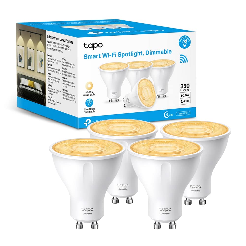Tapo L610 Lampadina Wi-Fi Base Lampada GU10 4-Pack, Controllo Vocale Tramite Amazon Alexa, 350 lumen, 3.5W, Giallo Caldo Dimmerabile Dall' 1% al 100%, 2700 K, Confezione da 4 Pezzi