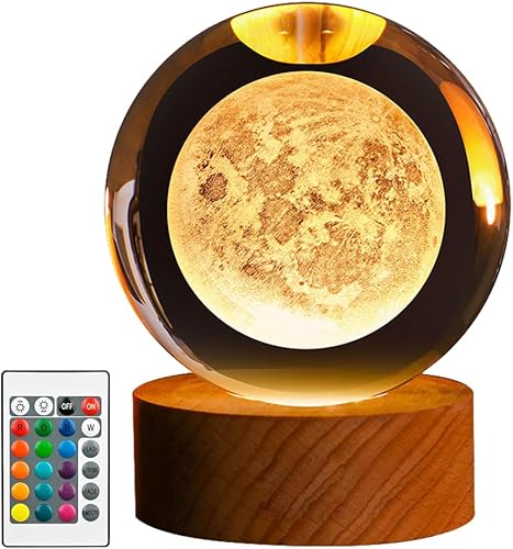 Luz nocturna de bola de cristal 3D, 3.15 pulgadas, 16 colores que cambian con control remoto y base de madera, adornos de bolas de cristal de la