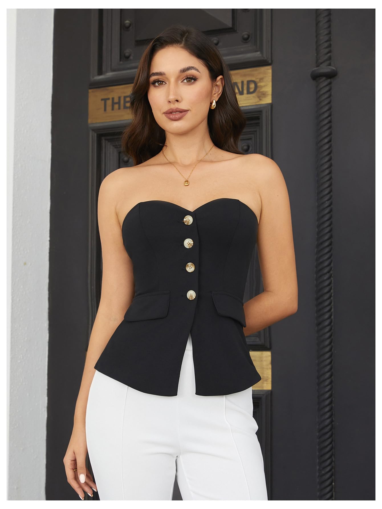 OYOANGLE Women's Button Front Split Hem Strapless Tube Top Elegant Workwear Tank Tops