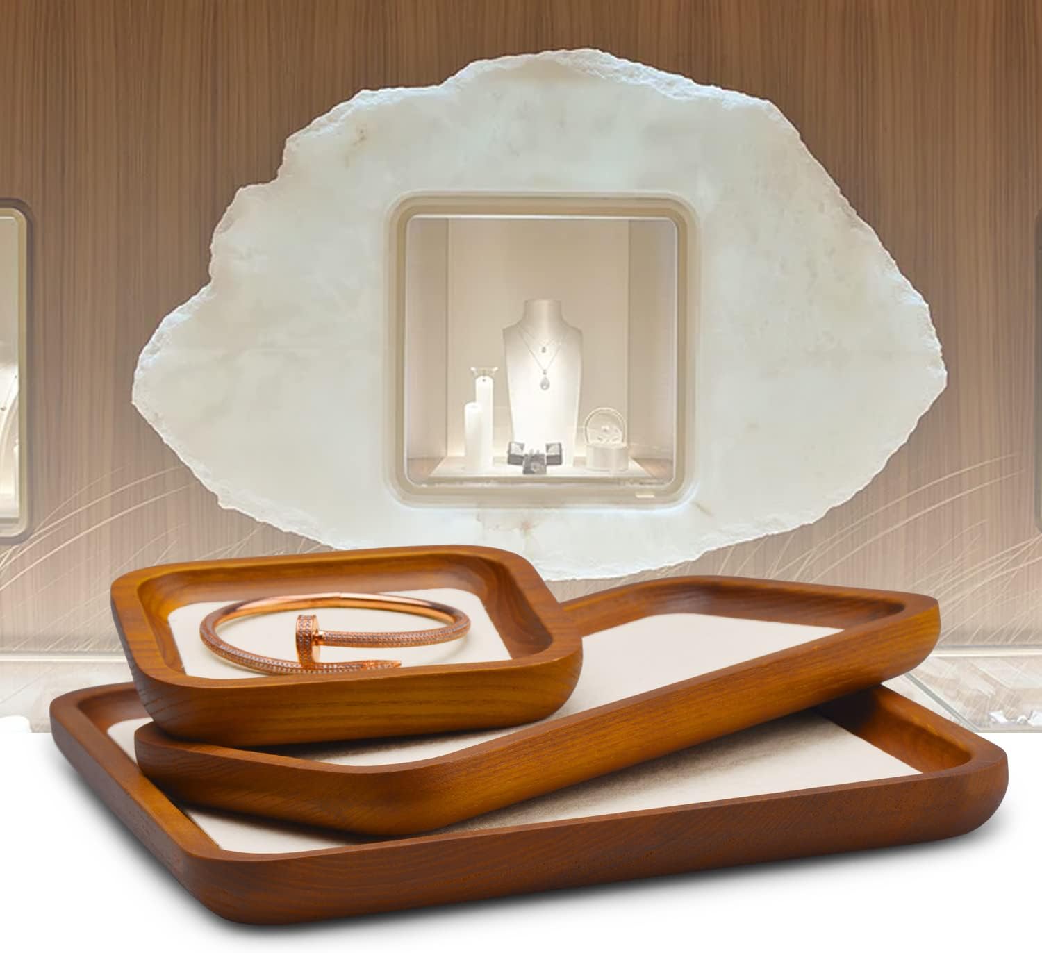 Solid Wood Jewelry Display Flat Tray for Rings Earrings Necklace Bracelet, Jewelry Photograph Display(Beige,M) - Image 2