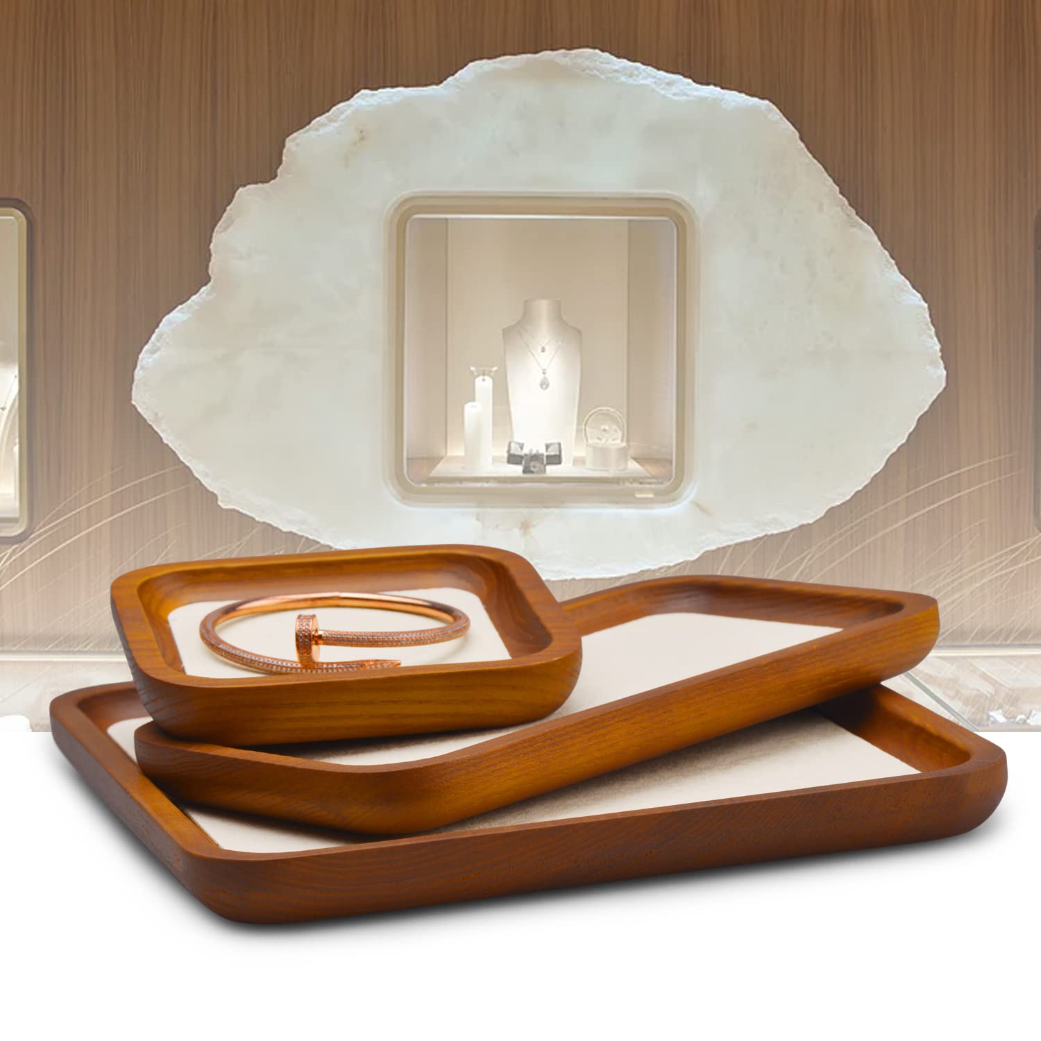 Oirlv Petit plateau à bijoux en bois massif pour bagues, boucles d'oreilles, bracelets, colliers (rectangulaire, blanc crème)