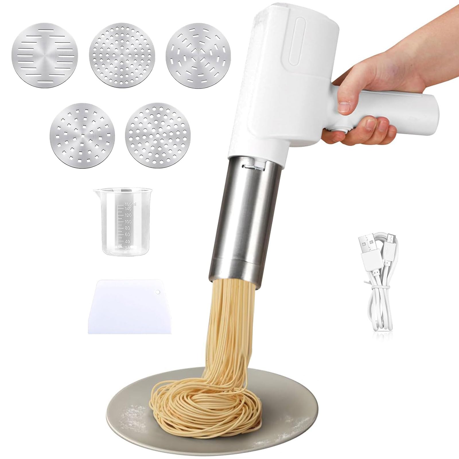 Máquina de Pasta Eléctrica Inalámbrica Portátil – Pasta Maker Automático con Batería 2000/2600mAh, 5 Moldes Intercambiables y Accesorios, Acero Inoxidable, Hogar & Exterior