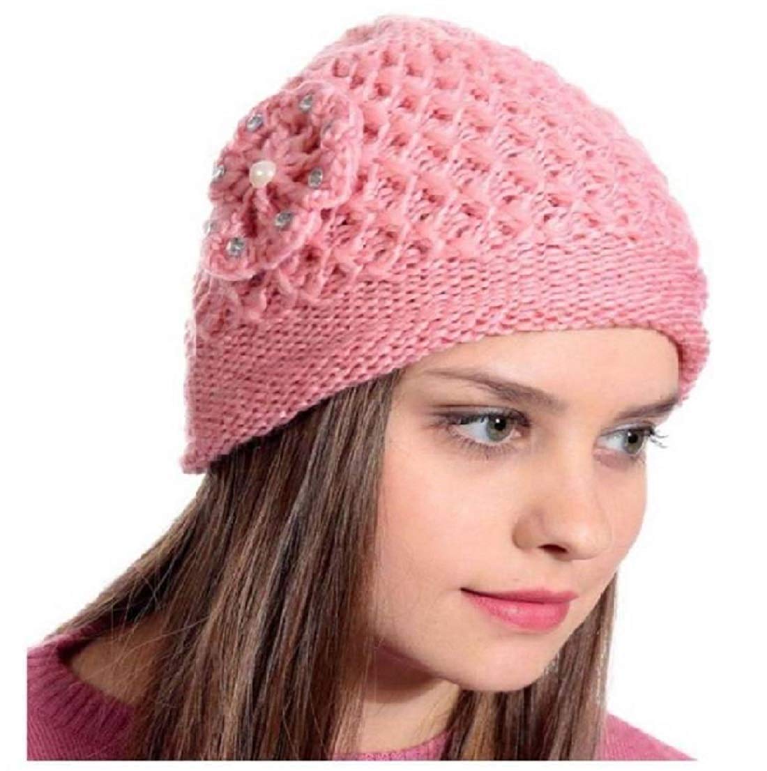 JMP Women's Winter Warm Knitted Uprasan Design Cap (Peach, Free Size)