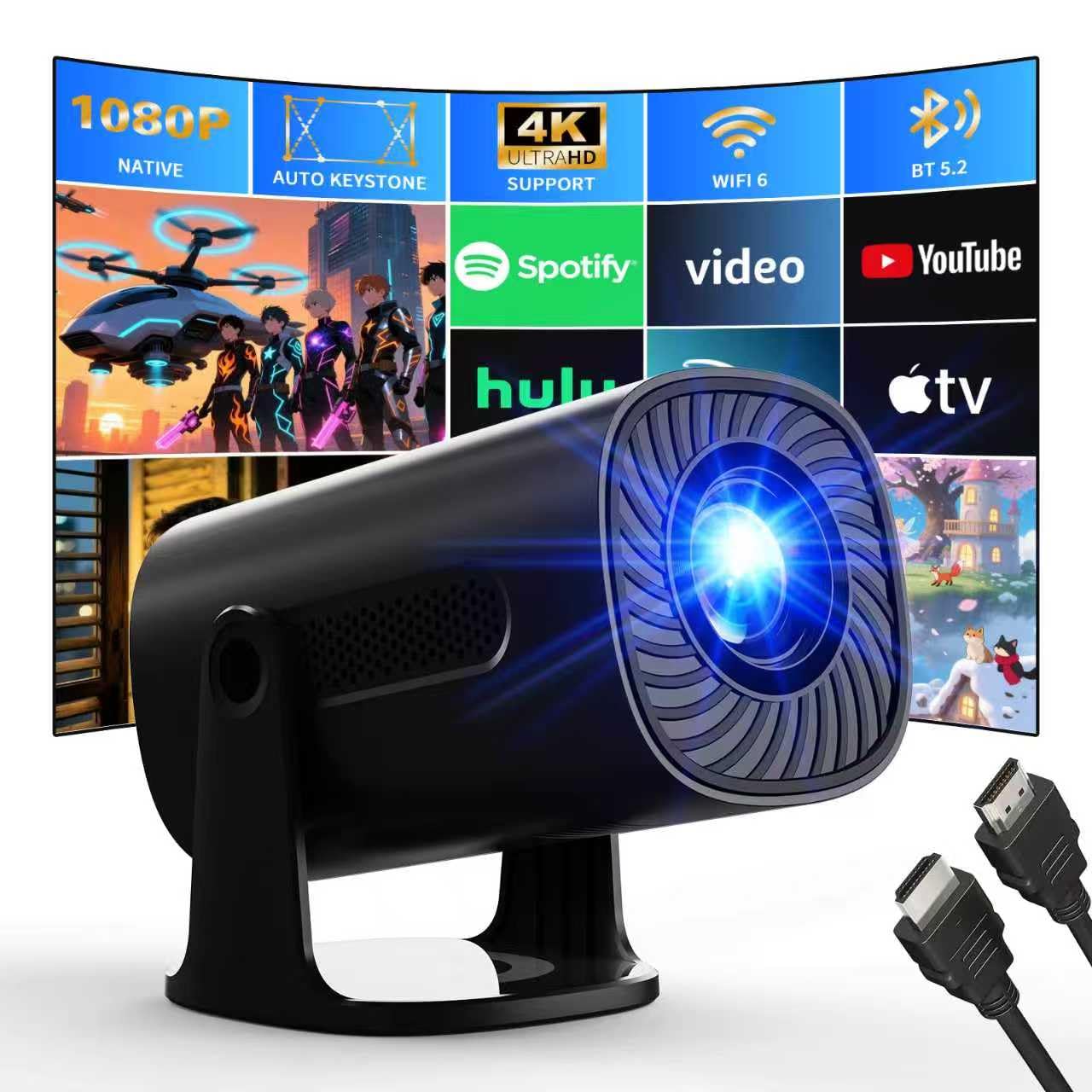 Mini Proyector 4K 1080P Proyector con Modos Estrella WiFi 6 y Bluetooth proyector con Apps y Android TV OS, Auto Keystone Altavoz Estéreo, Compatible con TV Stick/Smartphone/HDMI, Negro