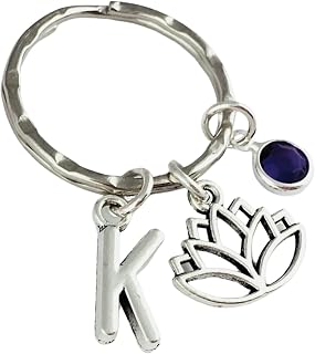 Personalised Lotus Flower Keyring with initial charm and birthstone crystal - keychain, Housewarming new house
