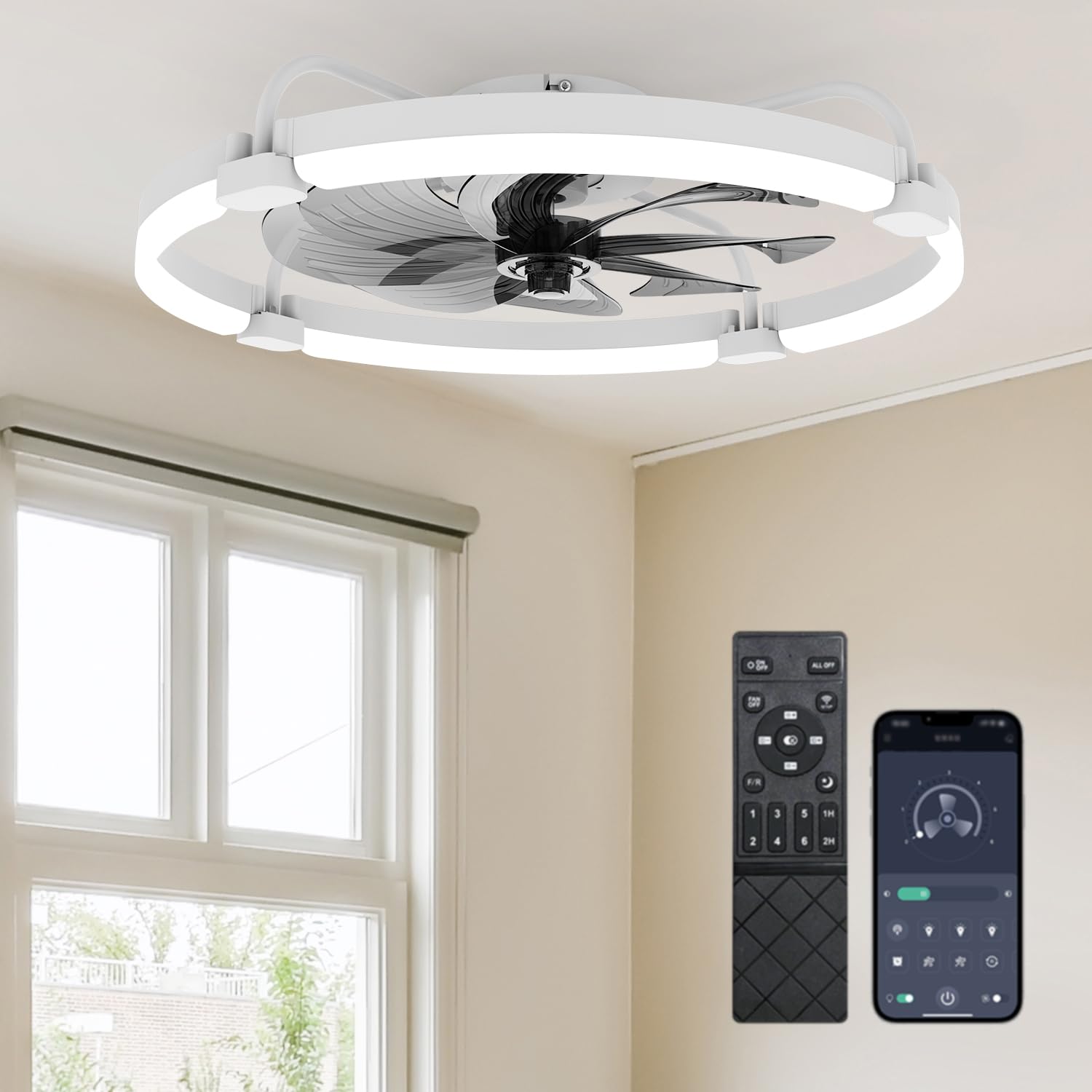 Ensenior Ceiling Fans with Lights and Remote, 60cm Flush Mount, 6 Speed & 3000K-6500K Stepless Dimmable Quiet Modern LED Fan Lights Ceiling for Bedroom Living Room Dining Room - White