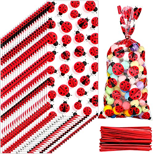 100 Pieces Ladybug Bags Red and Black Ladybug Party Bags Double-Sided Ladybug Candy Bags with 150 Pieces Red Twist Ties for Party Favors