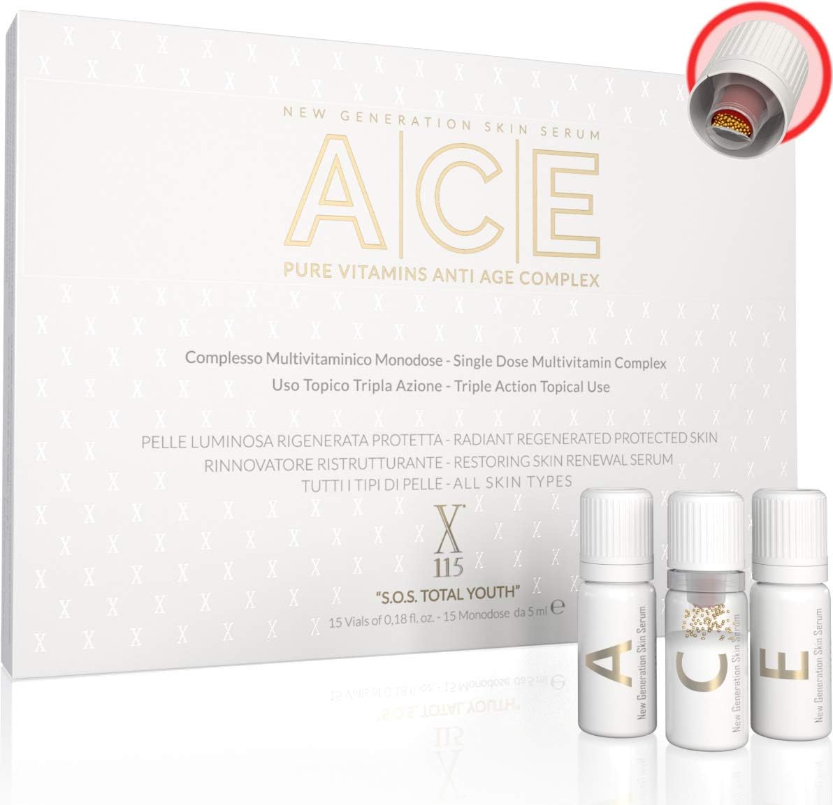 GEZICHTSSERUM | X115® ACE | PURE VITAMINEN monoconcentraat | Serum vitamine C + serum vitamine A – Retinol + serum vitamine E TEGEN RIMPELS – Tegen huidvlekken| Verhelderend