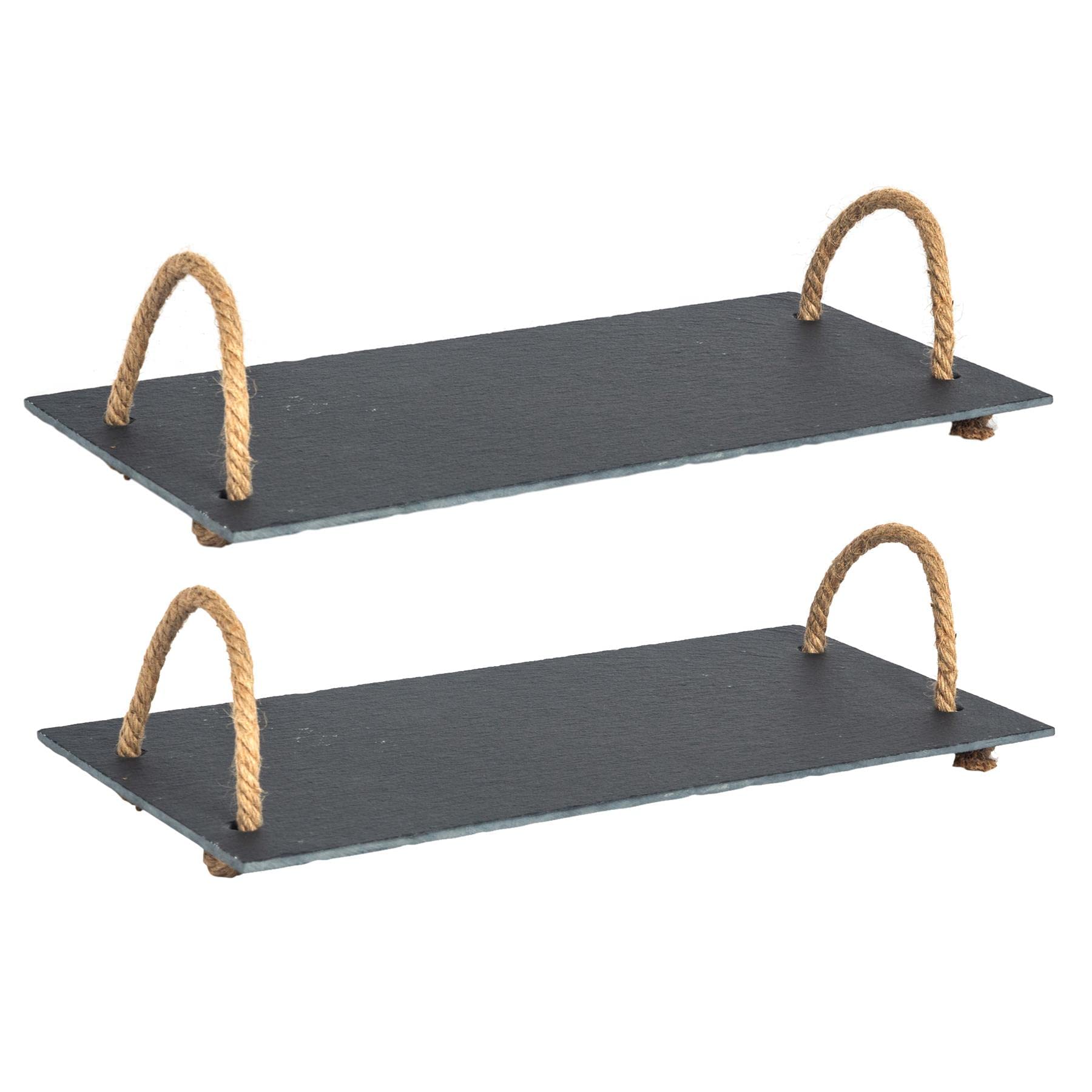 Argon Tableware Slate Serving Tray with Rope Handles - 40 x 20cm - Pack of 2 - Natural Slate Serving Platter Bread Cheese Board for Restaurant Appetizers, Snacks, Lunch, Dinner