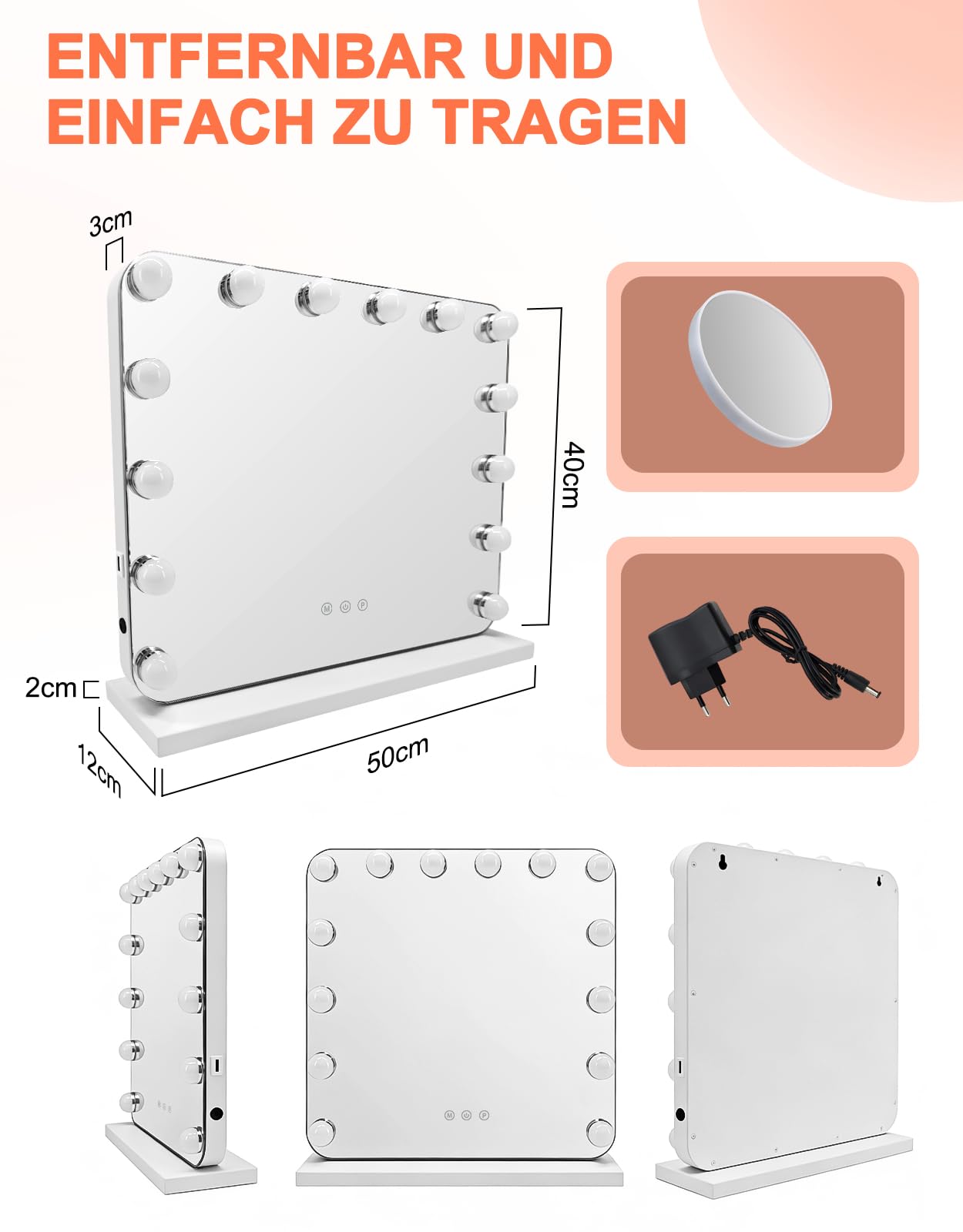 Hollywood Specchio da trucco con illuminazione – 50 x 40 cm LED Vanity Mirror piccolo specchio cosmetico con luce da tavolo, 3 modalità, touch dimmerabile