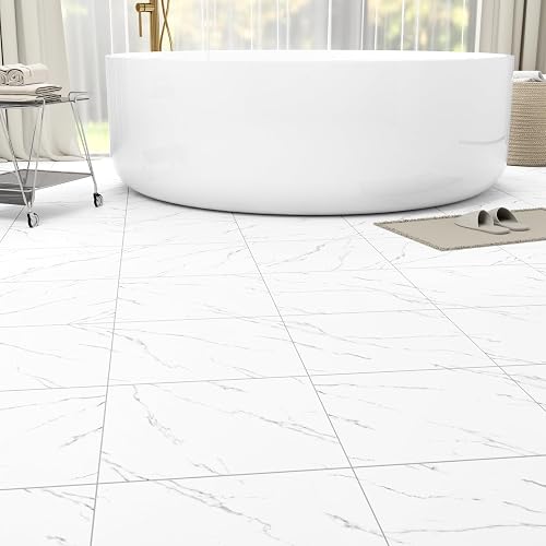 ZRJT 20-Pack Peel & Stick Floor Tiles, White Vein Marble