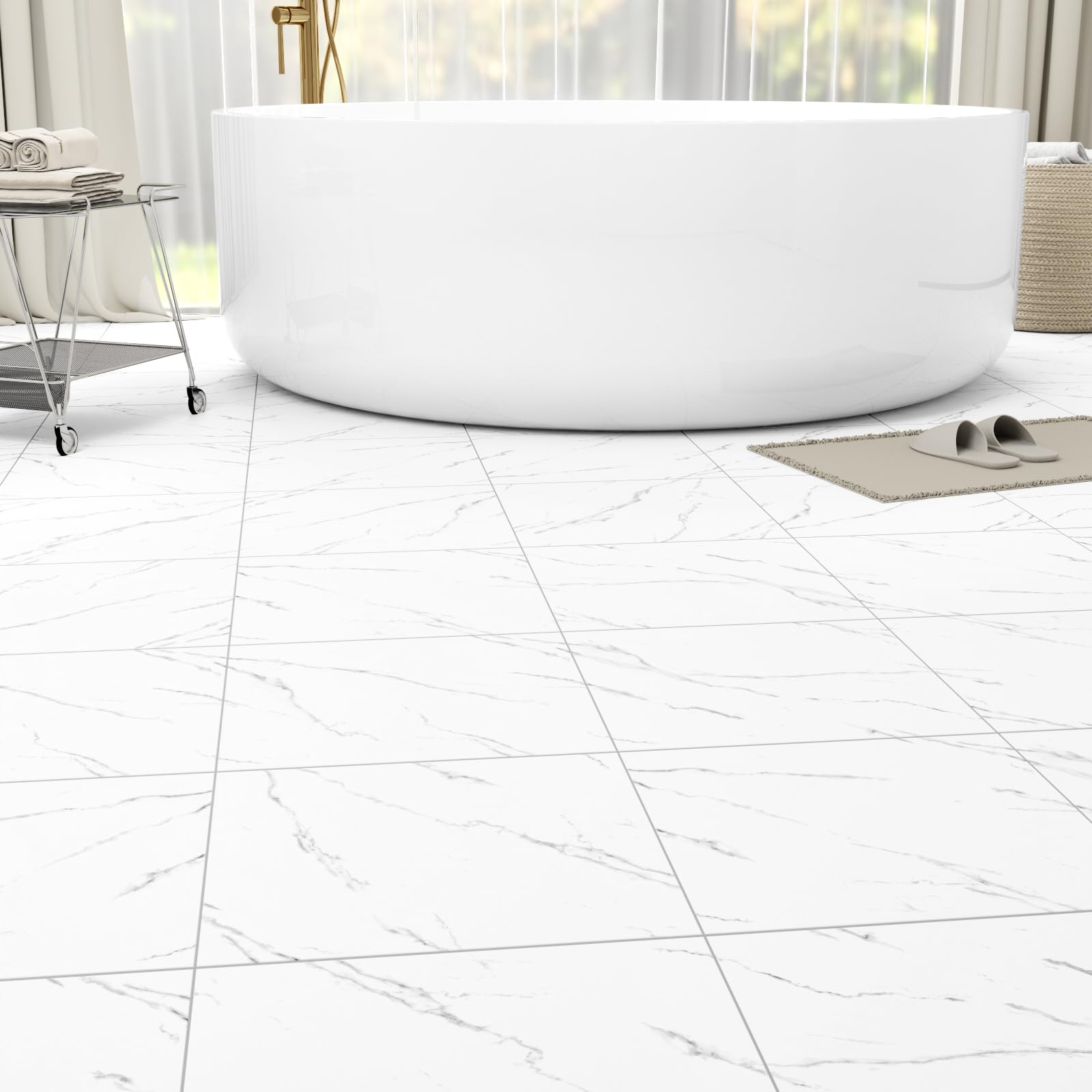 Confezione da 30 piastrelle autoadesive per pavimenti, 30,5 x 30,5 cm, facili da installare fai da te, per cucina, soggiorno, lavanderia, camper, marmo bianco