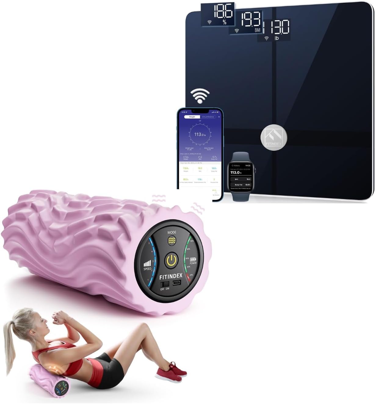 FITINDEX Foam Roller Pink and Wi-Fi Scale