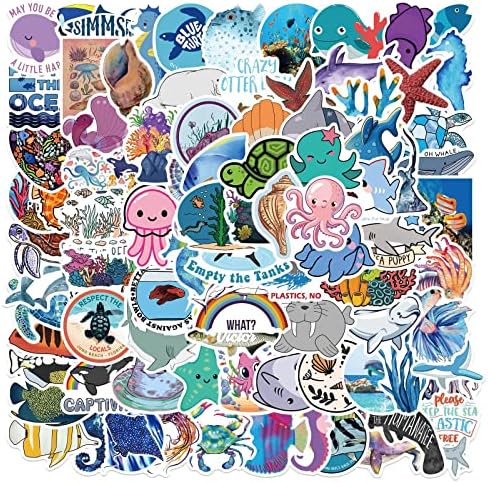 Ocean Animals Stickers - 100 Pcs Marine Organism Waterproof Multicolor Cute Kawaii Decals for Laptop Water Botter Suitcase DIY Aesthetic Vinyl Stickers for Birthday Party Scrapbook Skateboard Phone Case Decorations (Marine Organism)