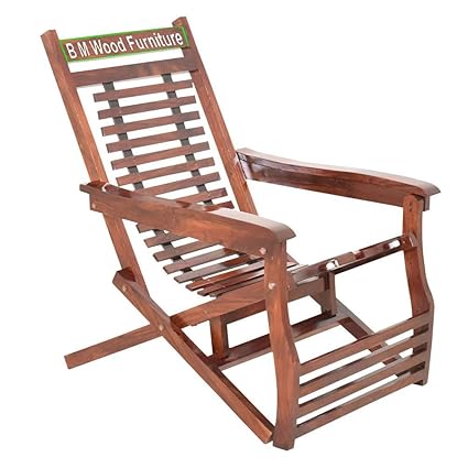 FrontWood Furniture Sheesham Wood Folding Relaxing Beach Chair | Recliner/Reclining | Foldable Easy Chair | with Arm Rest | Natural Finished