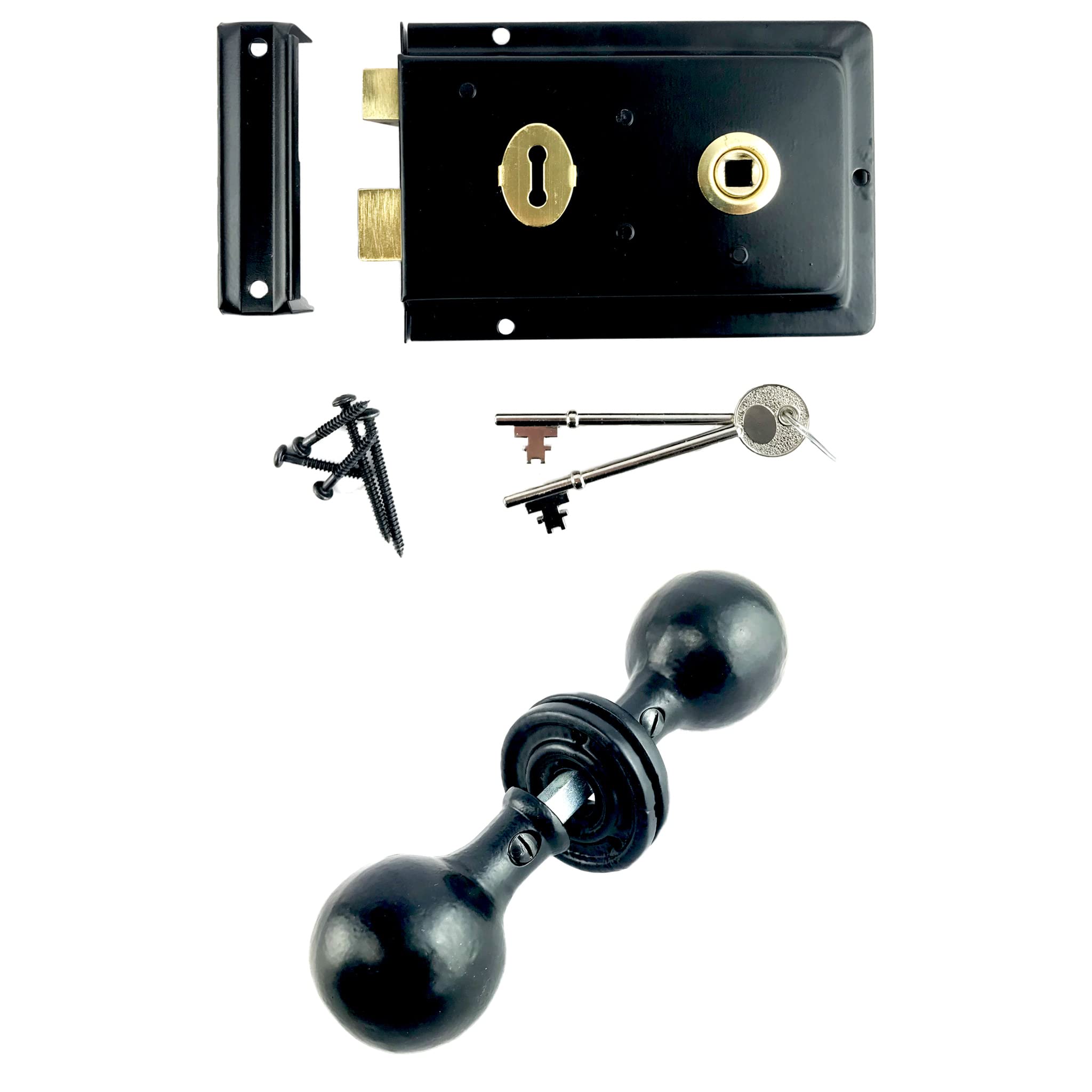 Rim Lock and Cast Iron Door Knobs Ball Oval Octagonal Black Traditional Cottage Set (Round Handle) - 50mm Dia Handle x 150mm