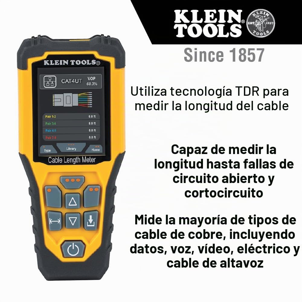 Klein Tools 501-915 | Medidor TDR de longitud de cables | Mide hasta ~914 m | Detecta fallos abiertos o en corto | Generador de tono integrado | Pantalla LCD retroiluminada