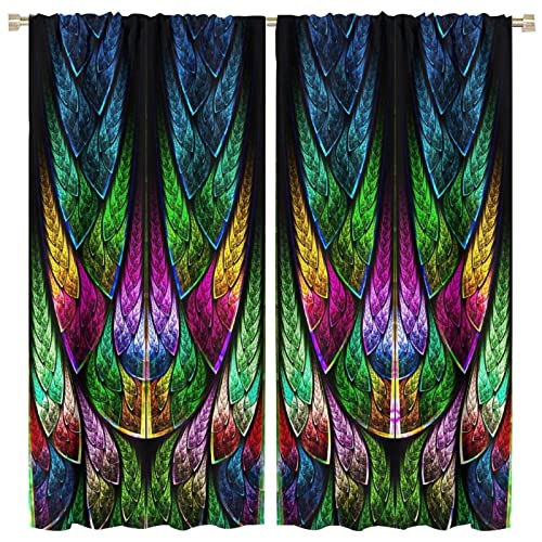 Abstract Art Window Curtains,Fractal Geometry Pattern in Stained Glass Style Room Darkening Door Window Rod Pocket Curtain for Living Room Bedroom Dining Room, 2 Panels W84xL84in