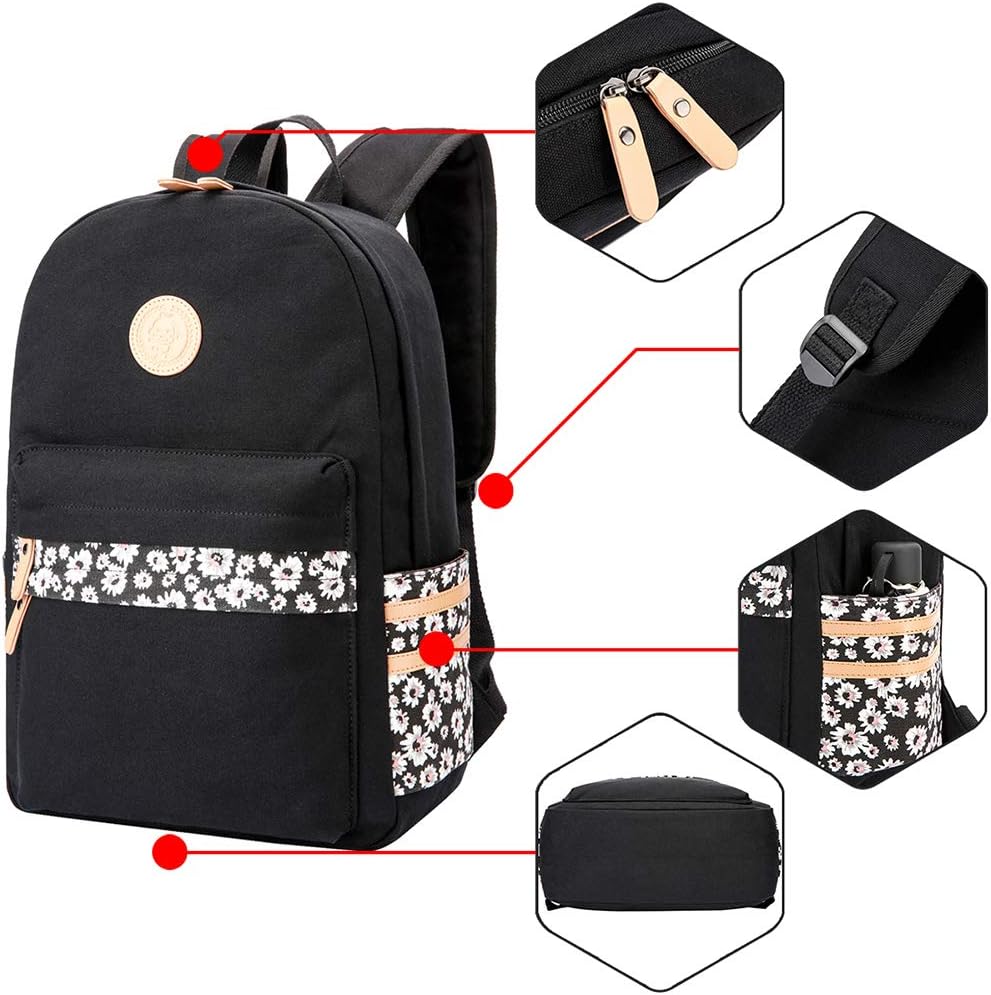 mygreen Kawaii Girls Backpack for School - Lightweight Canvas Backpack for Teens Ages 8-12, Fits 15 Inch Laptop, Cute Boho Floral Design, Durable & Comfortable Light Green - Image 3